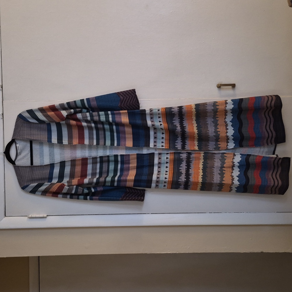 Misslook Full Length Stripe Open Knit Boho Aztec Urban Long Cardigan Sz M